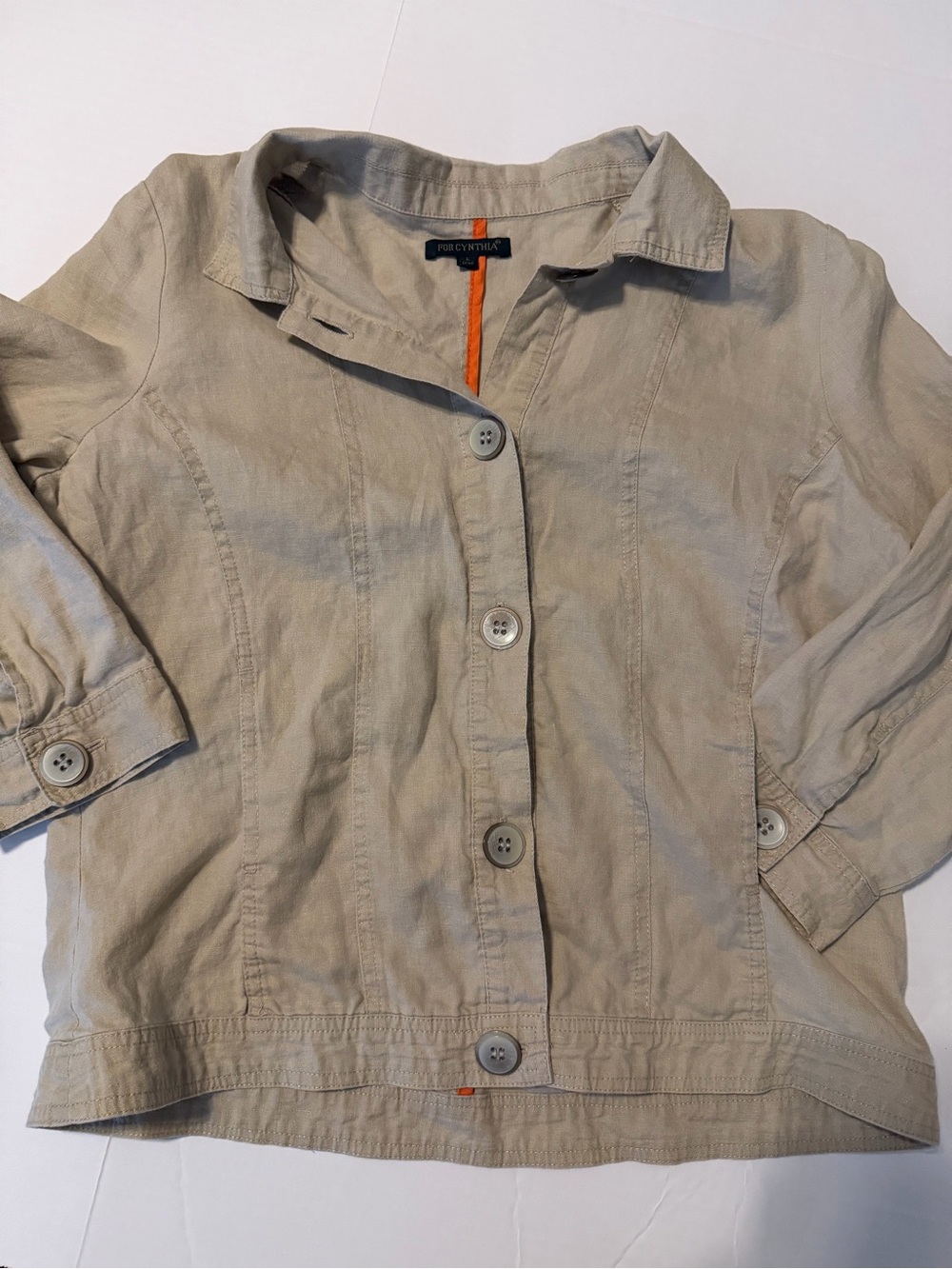 For Cynthia Women’s L 100% Linen Taupe Button Front Lightweight Jacket Vintage